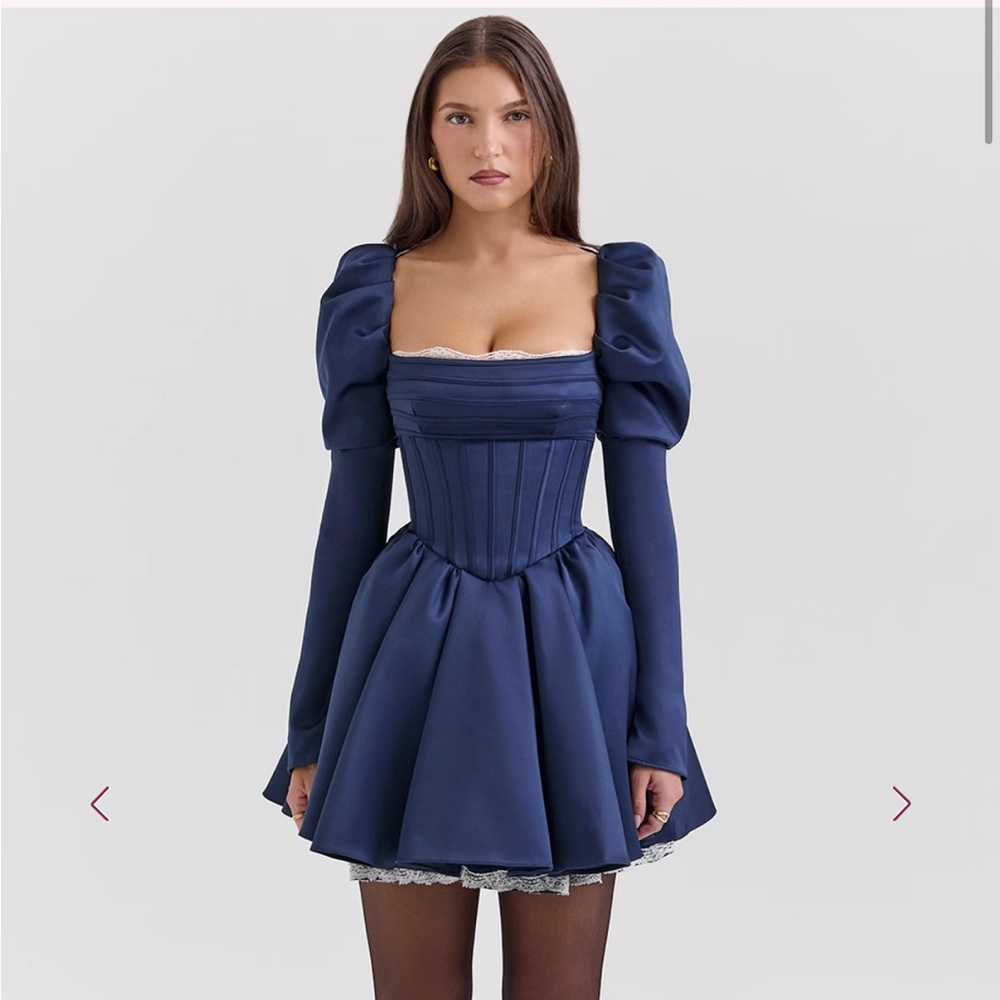 House of cb VENETIA
Midnight Satin Puff Sleeve Mini Dress